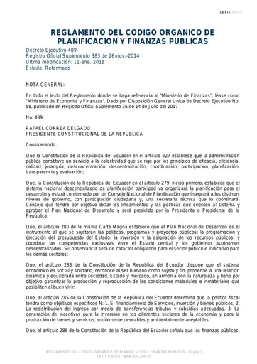 REGLAMENTO CÓDIGO ORGÁNICO DE PLANIFICACIÓN Y FINANZAS PUBLICAS