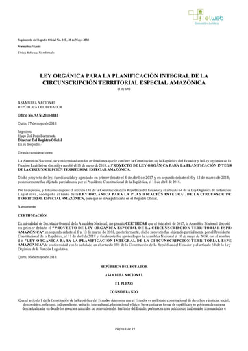 LEY ORGÁNICA PARA LA PLANIFICACIÓN INTEGRAL DE LA CIRCUNSCRIPCION TERRITORIAL ESPECIAL AMAZONICA